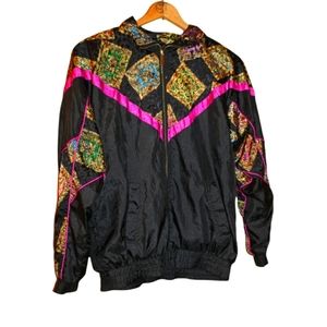 Vintage 1980s womens size small windbreaker jacket . Black/multicolored design